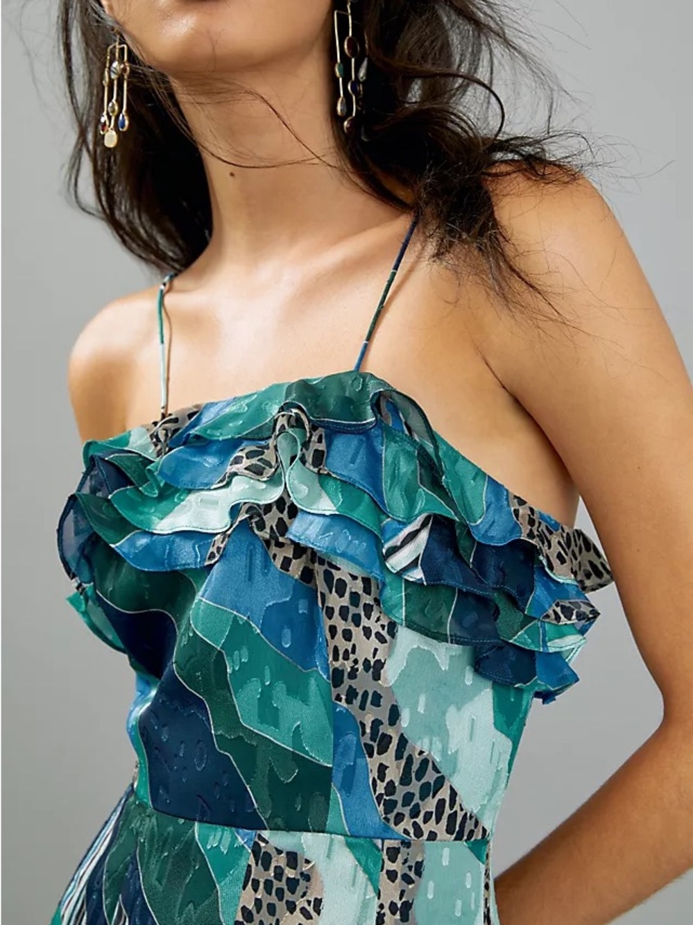 Anthropologie Hutch Teal and Navy Ocean Mixed-Print Maxi Dress 8 - Picture 2 of 10